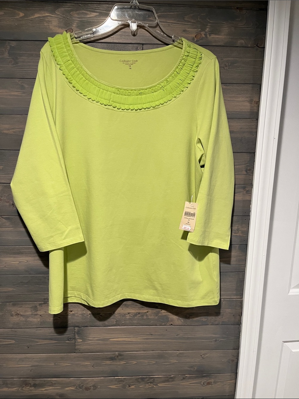 NWT Coldwater Creek Bright Lime Green Ruffle-Neck half Sleeve Top 1X/18